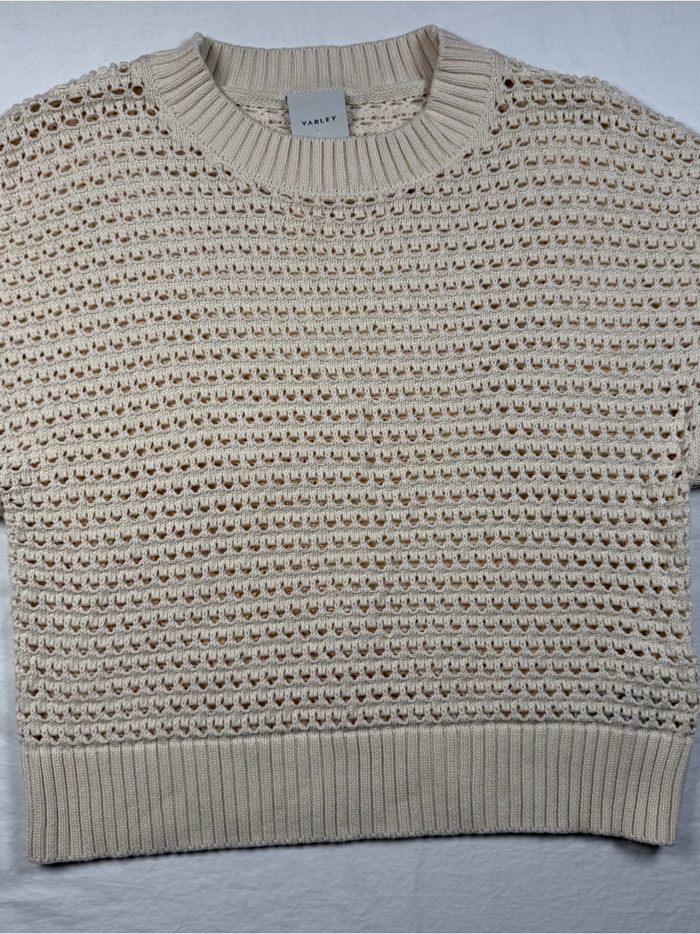 Varley Julianna Knit Sweater Women’s Medium Cream Birch Open Knit Cap sleeve